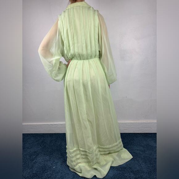 Vintage 70s Marita By Anthony Muto Sheer Balloon Sleeve Pleated Gown Green M/L - Picture 5 of 16